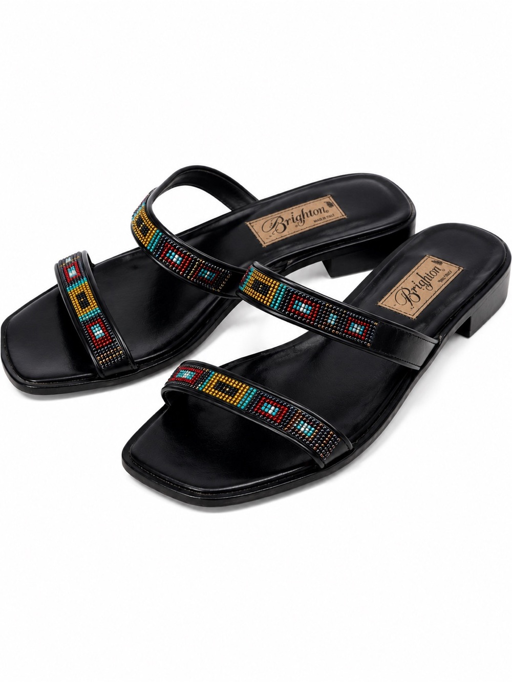 Brighton Black Beaded Leather Slide Sandals Size 8 Made in Italy